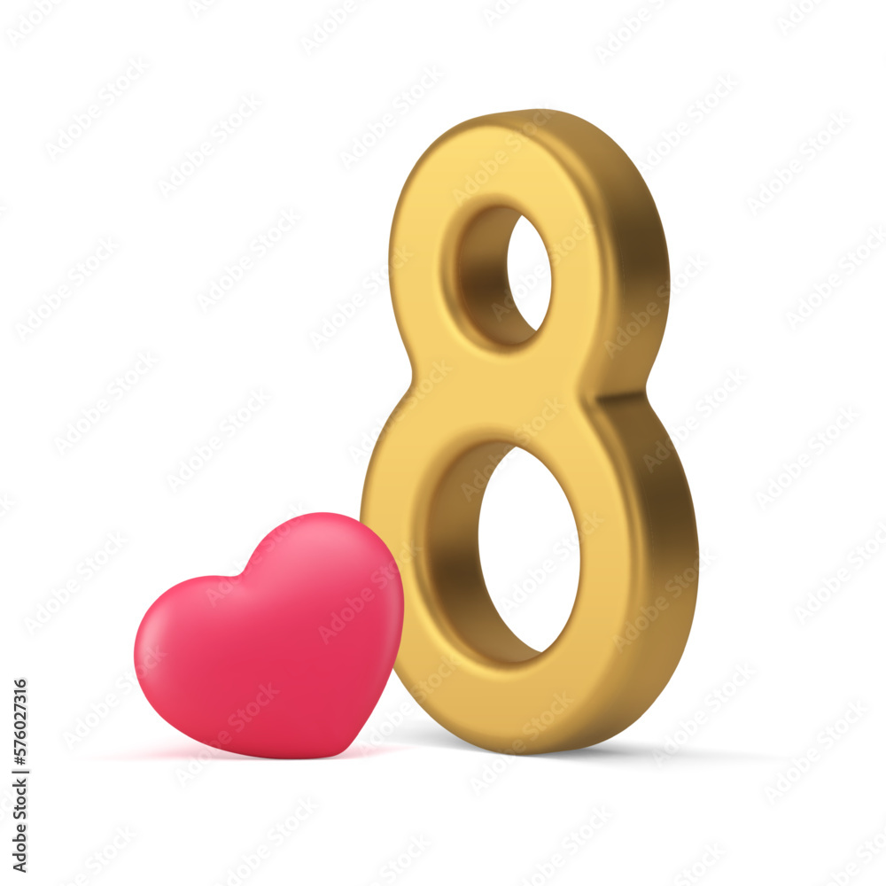 Eight March International Women's Day festive 3d icon golden number with heart realistic vector Eight March International Women's Day festive 3d icon golden number with heart realistic vector