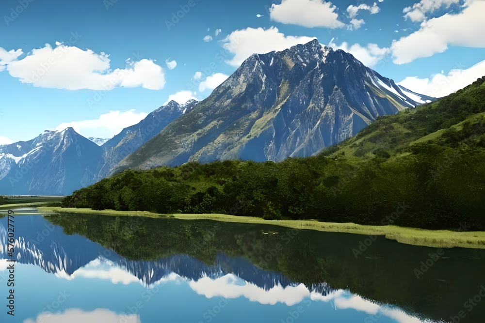 Wallpaper of beautiful river and mountain landscape. Generative AI