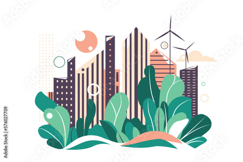 Green eco city vector illustration. Ecology background with skyscraper