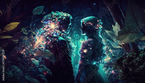 beautiful elven couple togetherness moment, affectionate eye contact , enchanted forest at night time with romantic atmosphere, Generative Ai