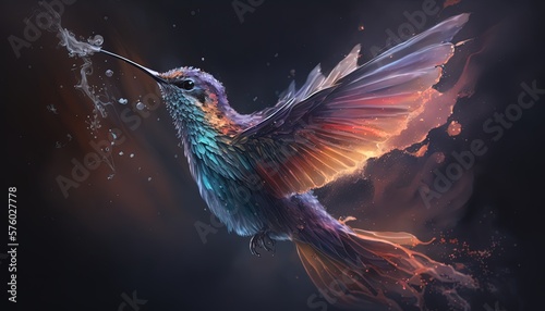 colorful hummingbird with flame fire wing with smoke, Generative Ai © QuietWord
