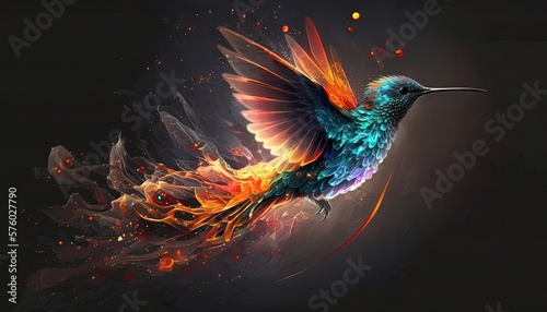 colorful hummingbird with flame fire wing with smoke, Generative Ai