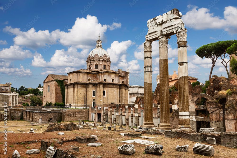 View of the Roman Forum, the forum of Julius Caesar with the ruins of the temple of Venus ancestress in the center. Rome, Italy