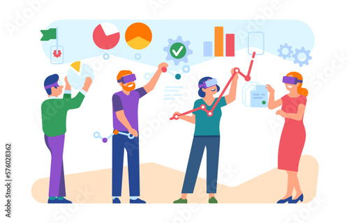 Men and women work with business data in virtual reality. People using VR headset. Innovation technology. Businessmen in digital glasses. Modern interactive display. Vector concept