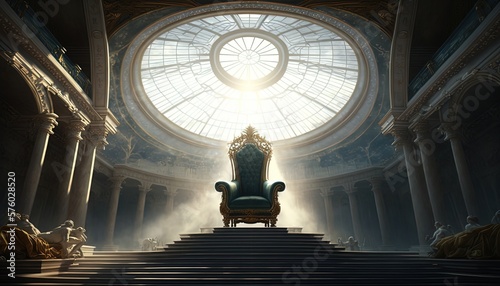illustration of throne hall with light shine over throne through ornate stained glass window behind, Generative Ai
