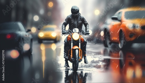 motorcycle rider ride on urban city street with blur urban city background, Generative Ai