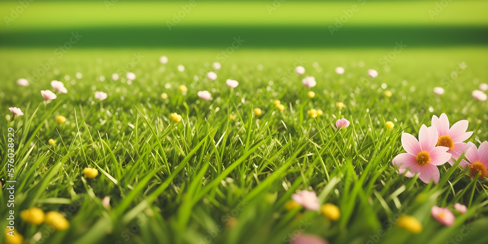 Spring landscape, blossoming field with green grass, white, pink and yellow flowers. Nature illustration. Generative AI