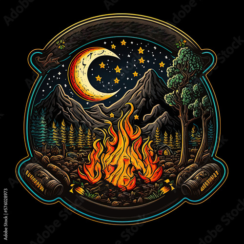 Camping sticker. Fire burning at camp site in the woods. Vintage Camp Sticker  badge design. For shirts  stamps  badges and labels. Empty space for text or logo. Ai generative