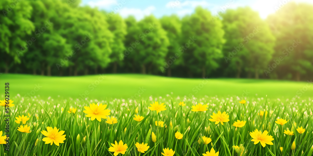 Obraz premium Spring landscape, blossoming field with green grass and yellow flowers, forest, blue sky with clouds. Nature illustration. Generative AI