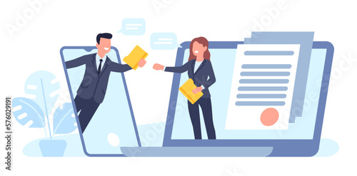 Online document exchange business partners. Devices connection. Data transfer. Workers with folders. Laptop and smartphone. Employees send pages. Computer technology. Vector concept