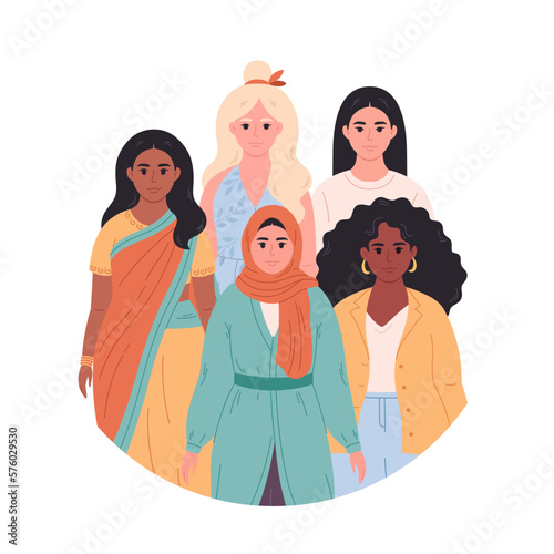 Women of different races, nationalities. Feminism and women equality, empowerment, sisterhood. Vector illustration in flat style