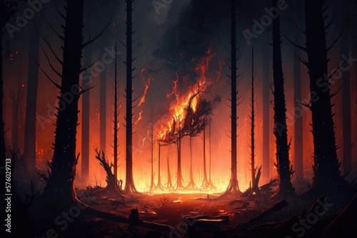 Fire in the forest with burning trees. Burning forest and natural disasters. (Generative AI)