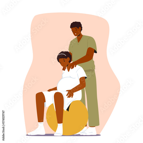 Gravid Woman And Her Spouse Characters Using Fitness Ball To Prepare For Childbirth In Clinic Vector Illustration