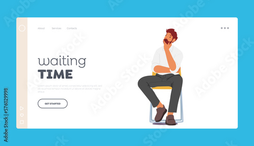 Waiting Time Landing Page Template. Man With Serious Face Sitting On Wooden Chair Looks Pensive And Reflective