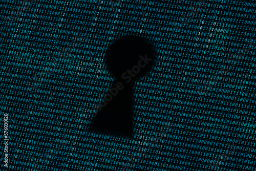 Keyhole shape over a binary code textured wallpaper, data safety, cyber security and encryption concept. Big data and technology firewalls.