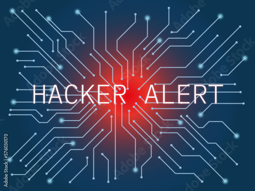 Hacker alert. System and software hacked. Red bright center, firewall problem detected.