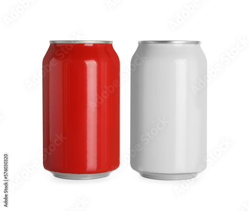 Aluminum cans with drinks on white background