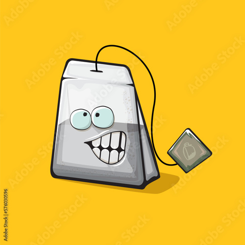 Tea bag character. Cartoon tea bag isolated on orange background. Funky paper tea bag character with eyes and mouth. Vector white teabag clip art, emoji, label and sticker