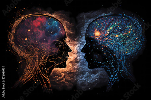 Silhouettes of two people with glowing neural connections. The concept of relationships, different views, feelings and faith. The process of human thinking and ideas. Generative AI