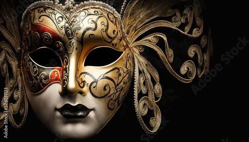 Venetian masquerade carnival mask on black background with copy space. Based on Generative AI © Yeti Studio