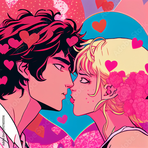 Fictional pop art manga couple sharing a kiss in front of a pink heart-shaped background with floral accents generative AI