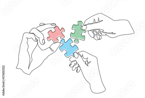 Continuous one line drawing of hands and puzzle. Business matching - connecting puzzle elements.  Puzzle game symbol and iconic business metaphor for problem solving, solution and strategy.