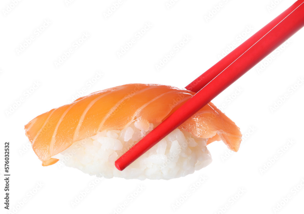 Chopsticks with delicious nigiri sushi isolated on white Chopsticks with delicious nigiri sushi isolated on white