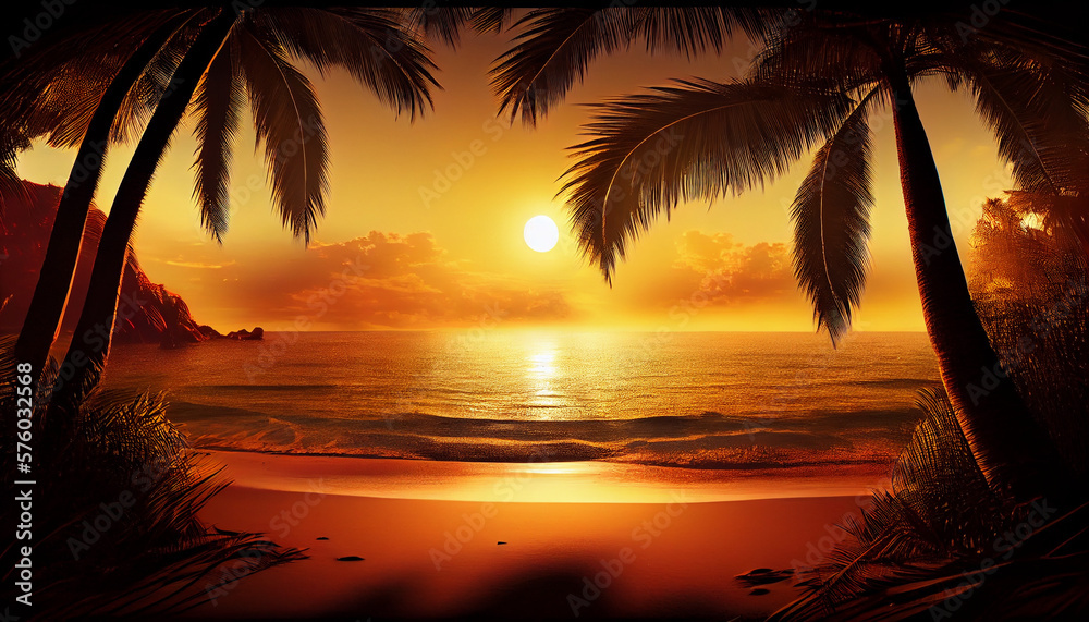  tropical beach at sunset, with the sun casting a warm, golden glow over the sea and palm trees in the distance.