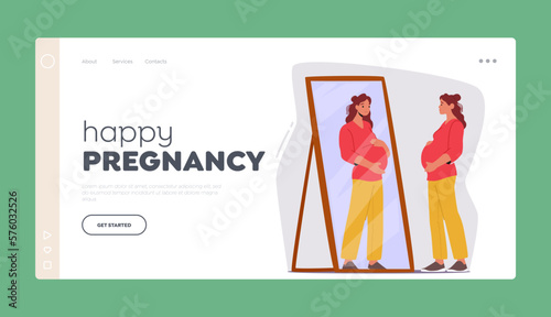 Happy Pregnancy Landing Page Template. Pregnant Woman With Hands On Belly Looks At Herself In Mirror Vector Illustration
