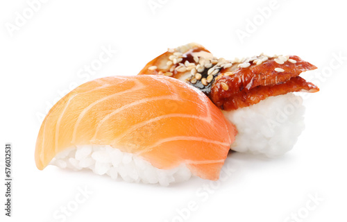 Delicious nigiri sushi isolated on white. Traditional Japanese cuisine