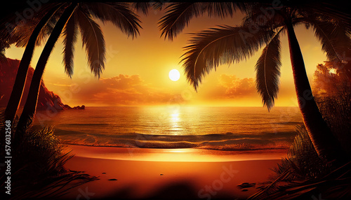  tropical beach at sunset, with the sun casting a warm, golden glow over the sea and palm trees in the distance.