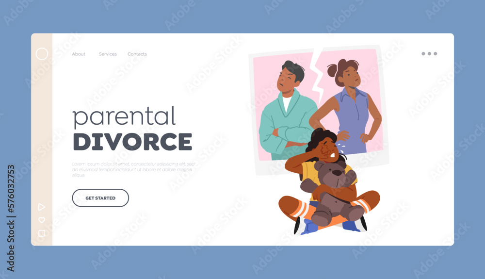 Parental Divorce Landing Page Template. Upset Child Caught In Middle Of Parents Marital Dispute. Family Drama