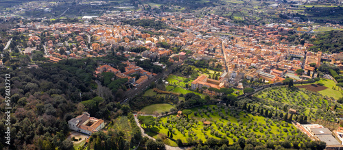 Aerial view of Albano Laziale, a comune in the Metropolitan City of Rome, on the Alban Hills, in Latium, central Italy. Located in the Castelli Romani area of Lazio. It is known simply as Albano.