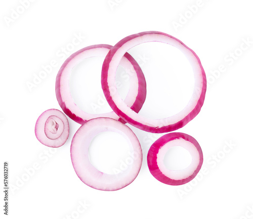 Fresh rings of red onion isolated on white, top view