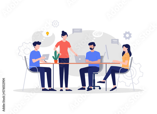 Workers are sitting at the negotiating table, collective thinking and brainstorming, company information analytics. Modern vector flat illustration.