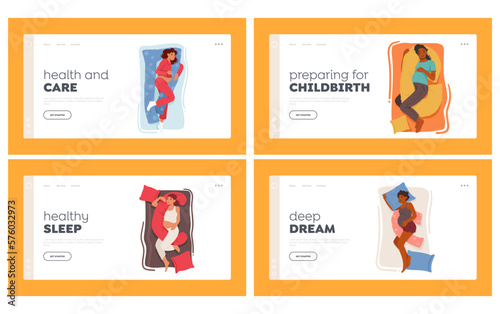 Pregnant Girls With Sleep Pillows Landing Page Template Set. Expectant Mother Characters Sleeping With Pregnancy Cushion