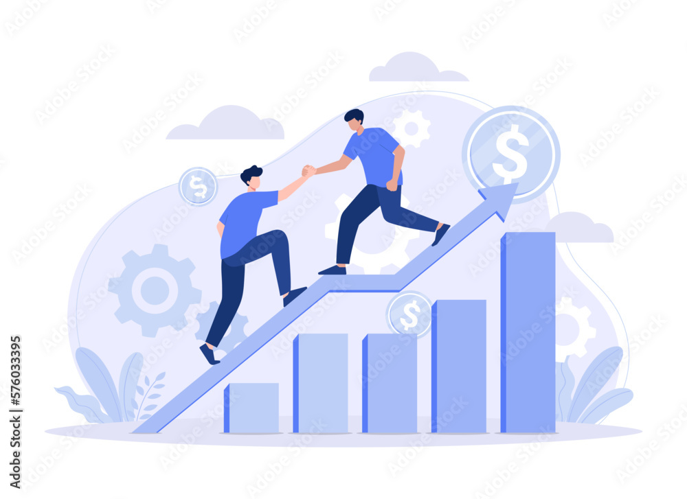 Two mans, goal focused, increase motivation, way to achieve the goal, support and teamwork. Modern vector flat illustration Two mans, goal focused, increase motivation, way to achieve the goal, support and teamwork. Modern vector flat illustration
