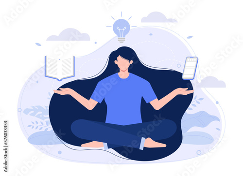 Health benefits for body, mind and emotions, lotus position, thought process, modern vector flat illustration.