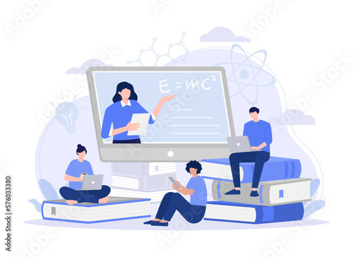 Man and woman studying on internet, talking to sains tutor through zoom meeting on computer. Modern vector flat illustration