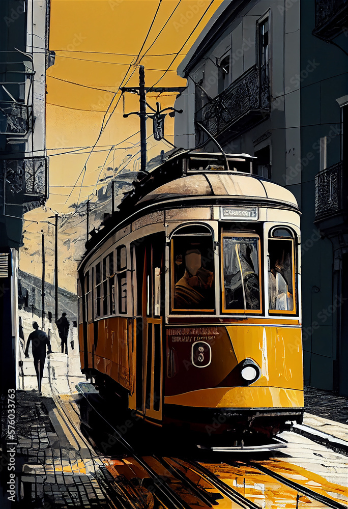 Illustration of a traditional yellow tramway in Lisbon, generative AI