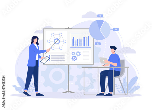 Woman coach explaining statistics to employee, graph, marketing. Modern vector flat illustration.