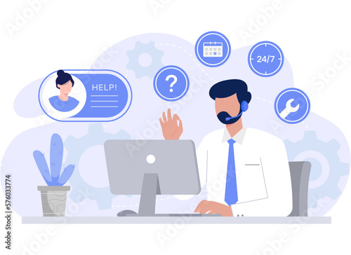 Customer service, hotline operators consult customers with headsets on computers, 24 hours global online technical support, Call center. Modern vector flat illustration