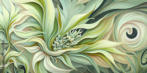 Soft green floral digital art pattern ornamental with flowers background. Template for backdrop, textiles, clothes, wallpaper. Generative ai.