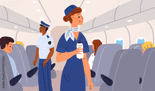 Stewardess in plane cabin. Flight attendant checks passengers and carries water. Aircraft board. Comfortable seats. People travel by airplane. Travelers trip. Garish vector concept