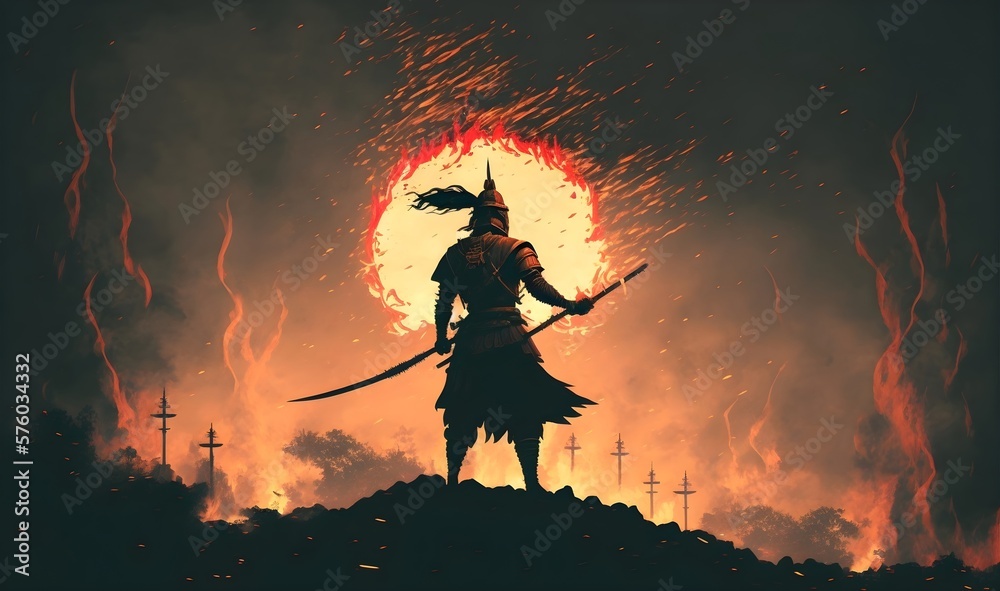 scene of samurai with fire sword standing on the rock, digital art style, illustration painting, Generative AI