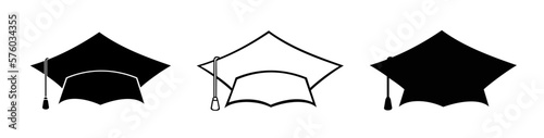 Graduation hat cap icons set. Academic cap. Student hat outline and filled vector sign - Vector.