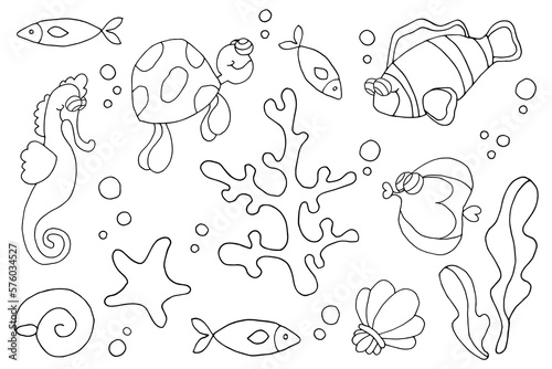 Composition of isolated ocean elements on white background for coloring book. Seastar, seahorse, fish, turtle, coral. Cartoon vector illustration for print,coloring book.