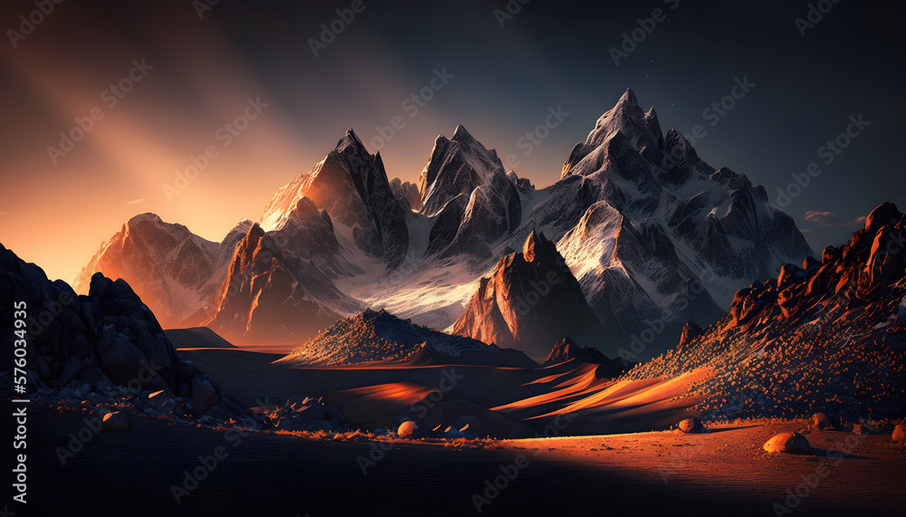 A stunning mountain range illuminated by the first rays of sunlight, casting a warm glow across the landscape. Perfect for outdoor and travel themes.