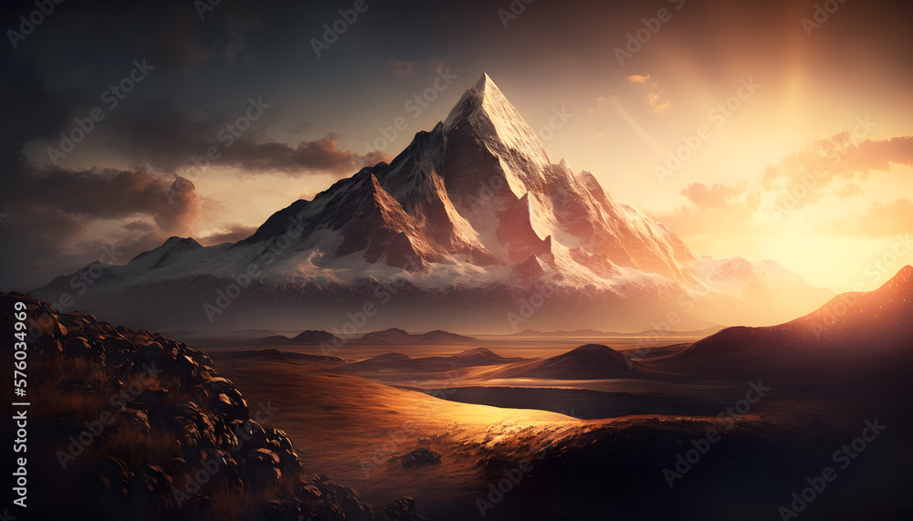 A peaceful and serene mountain range bathed in the warm, golden light of sunrise. Perfect for conveying a sense of calm and tranquility