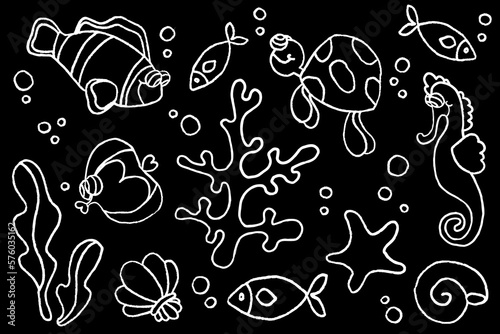 Black and white set of isolated hand drawn ocean elements: seahorse, algae, corals, starfish, turtles, fish on a black background. Cartoon vector illustration for print,coloring book.
